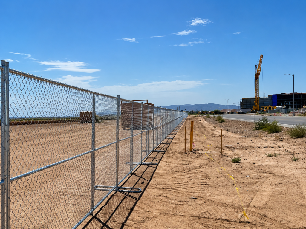 long straight line of factory new temporary fence panels at a data center project
