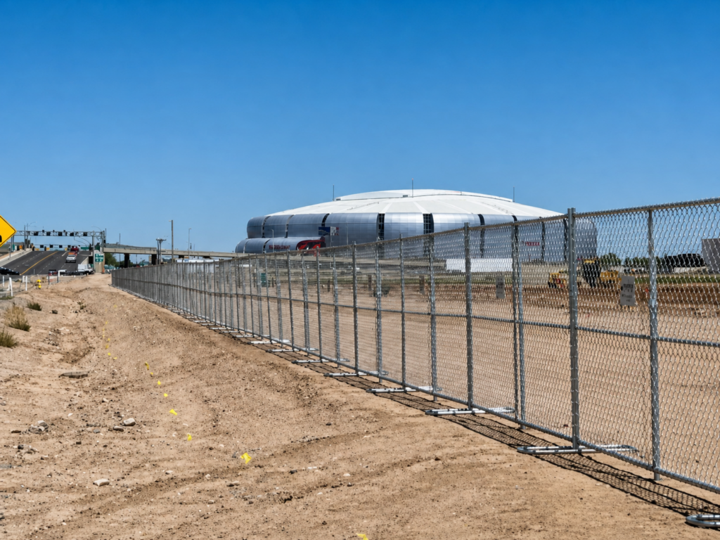 long row of factory new temporary fence panels with a large building in the background
