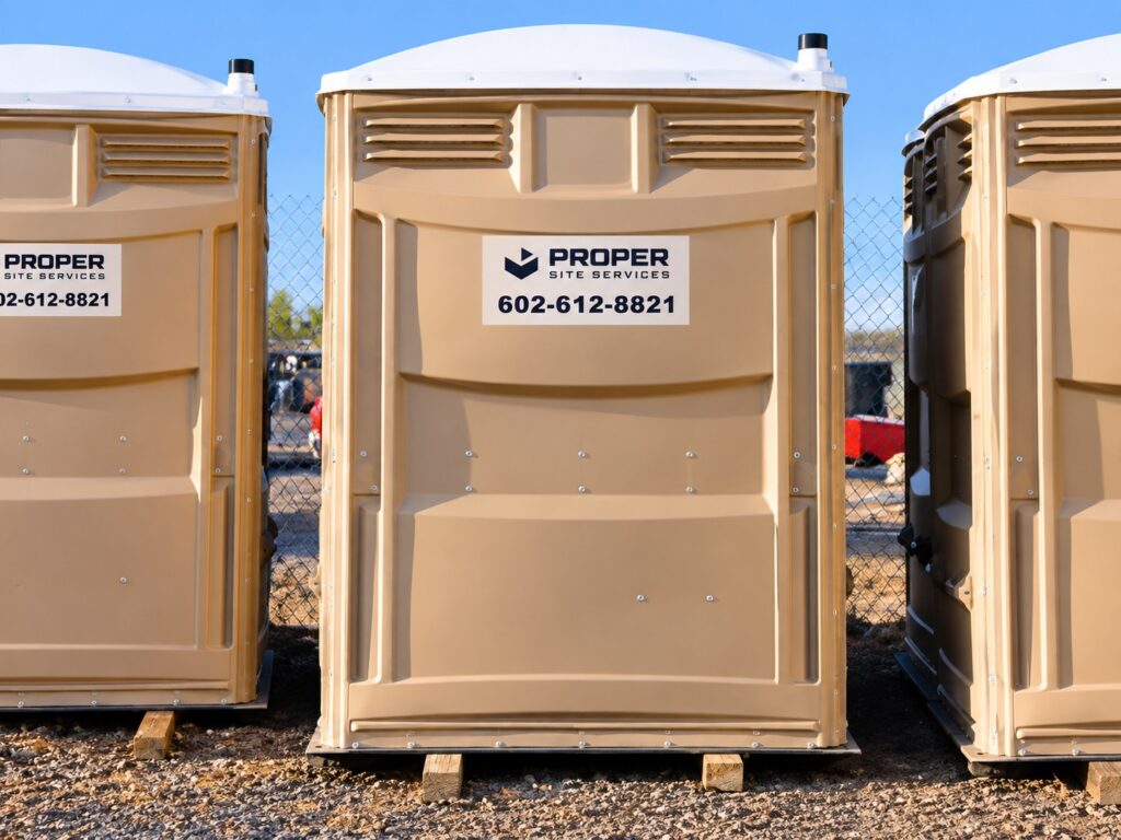 ADA compliant portable restrooms sitting in Proper site storage yard